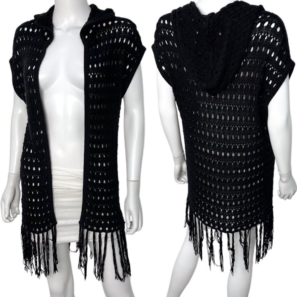 Wet Seal Vintage Crochet Knit Hooded Short Sleeve Fringe Trim Cardigan in Black